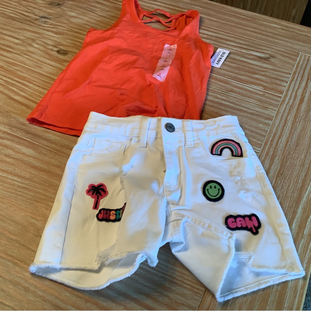 Children's White Denim Patch Shorts with Orange Tank Top